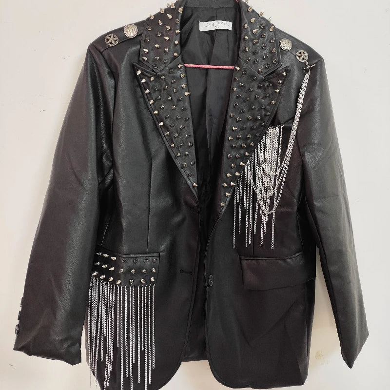 Dark Rock Punk Rivet Chain PU Coat