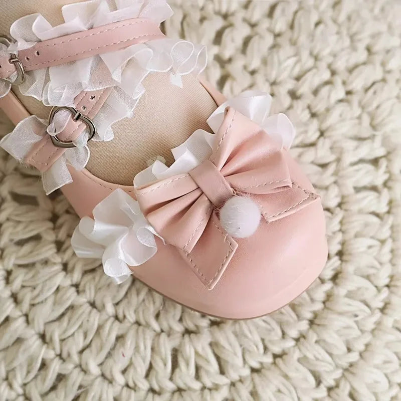 34-43 Cross Strap White Pink Ruffles Bow Maid Princess Lolita Shoes