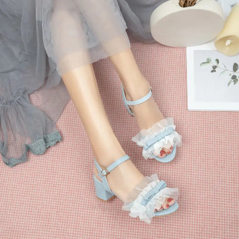 34-39 Sweet Lace Bow Open-toed Middle Heel Lolita Shoes