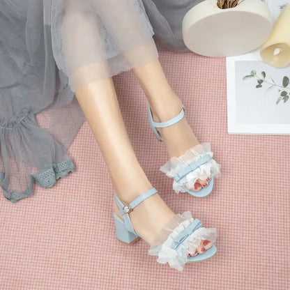 34-39 Sweet Lace Bow Open-toed Middle Heel Lolita Shoes