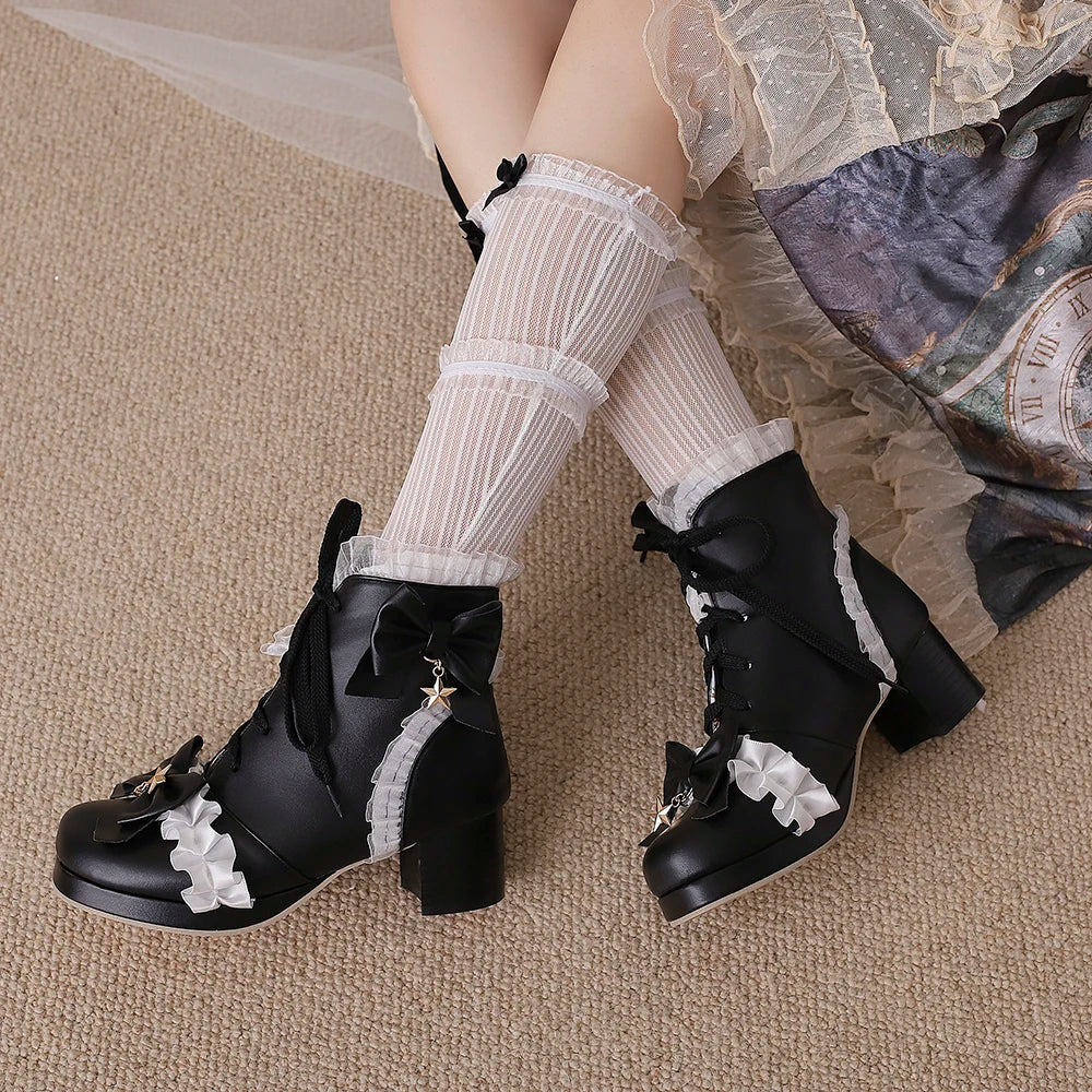 33-46 Sweet Bow Square Platform Elegant Ruffles String Lolita Shoes
