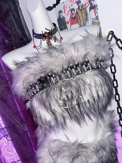 Y2K Millennial Bullet Metal Fur Imitation Fur Subculture Punk Hip Skirt Suit