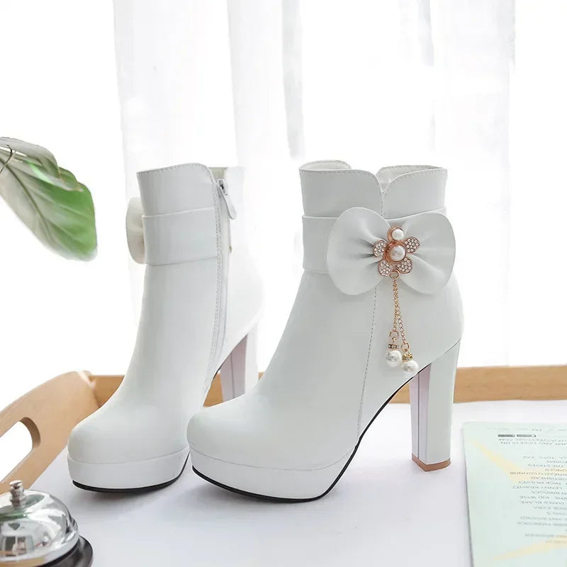 34-43 Lovely Lolita Party Wedding Butterfly-knot Bead Crystal Ankle Boots