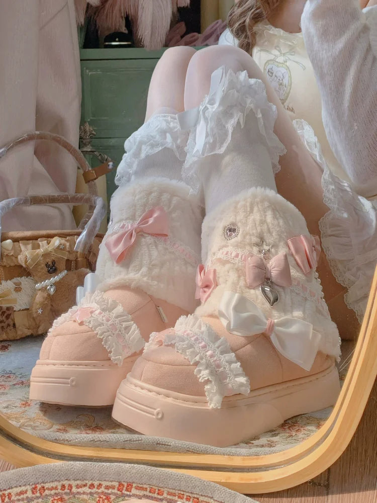 37-40 Sweet Winter Warm Bow Rabbit Fur Thick Snow Boots