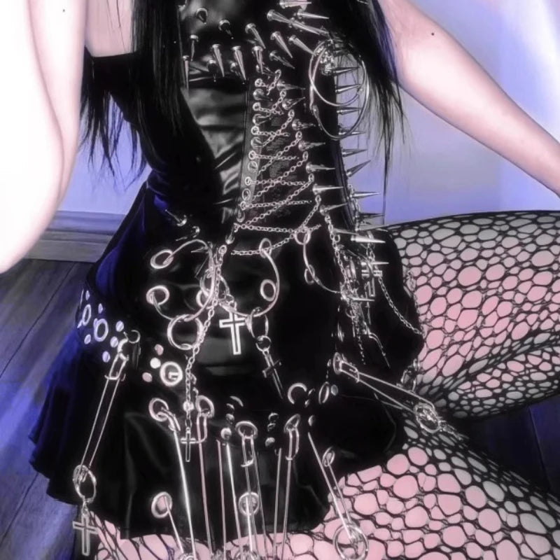 Punk Big PU Leather Belt Pleated Skirt