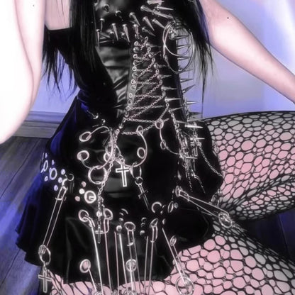 Punk Big PU Leather Belt Pleated Skirt