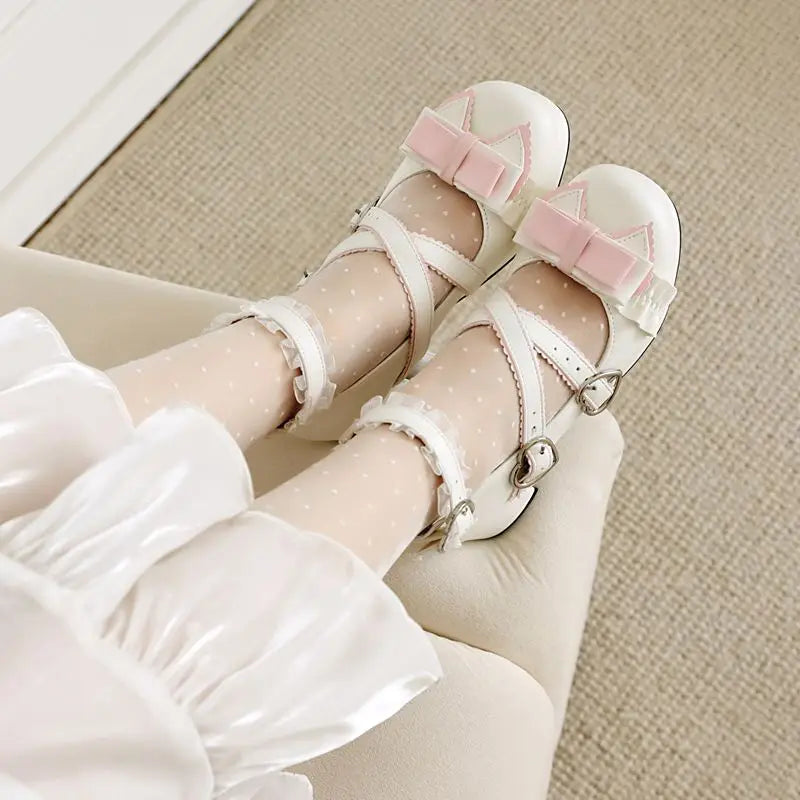 34-48 Sweet Lolita Pumps Block Heel Bowknot Ankel Buckle Strap Shoes