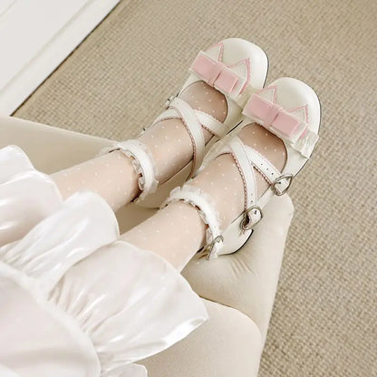 34-48 Sweet Lolita Pumps Block Heel Bowknot Ankel Buckle Strap Shoes