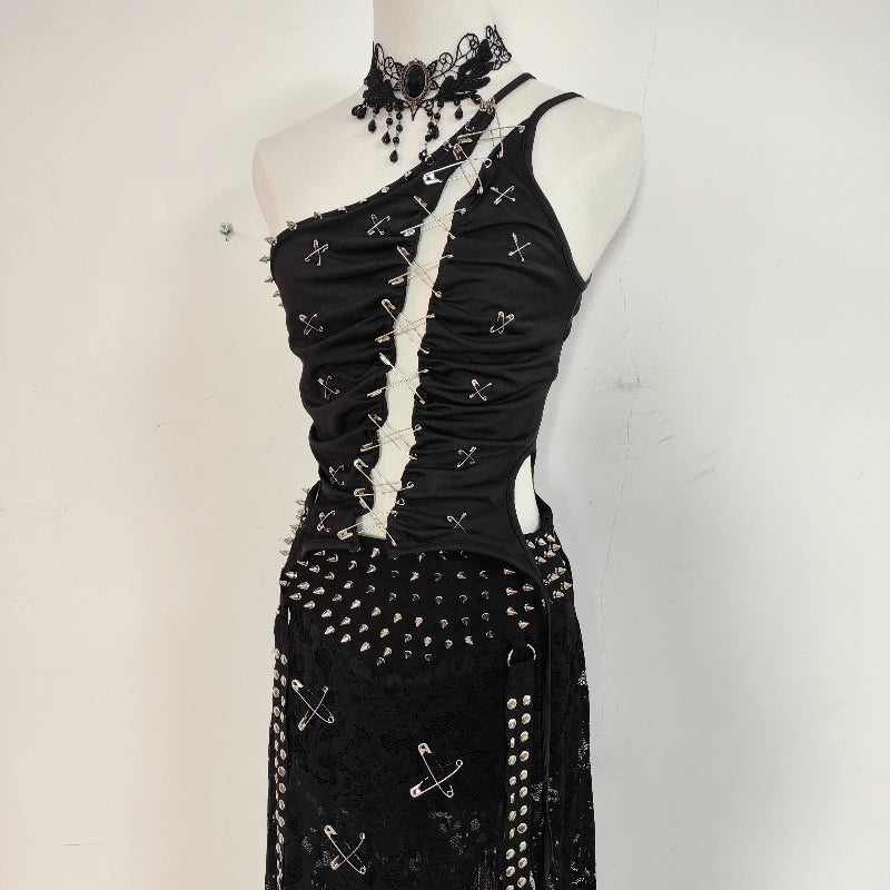 Gothic Dark Pin Stitching Backless Vest Hollow Out Rivet Skirt Set