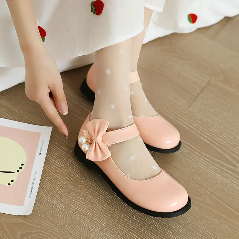 30-44 Sweet Pearl Bow Flat Heel Black Lolita Mary Jane Shoes