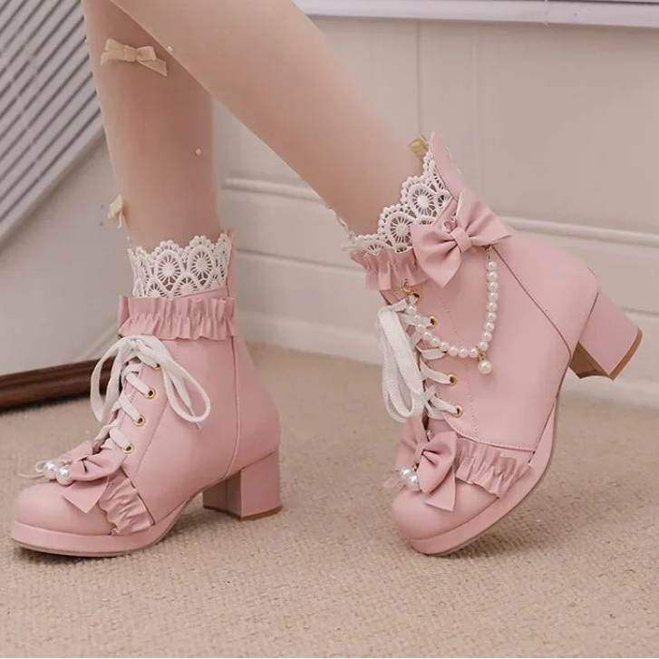 31-48 Pink String Bead Lace Pleated Bowknot Boots Shoes