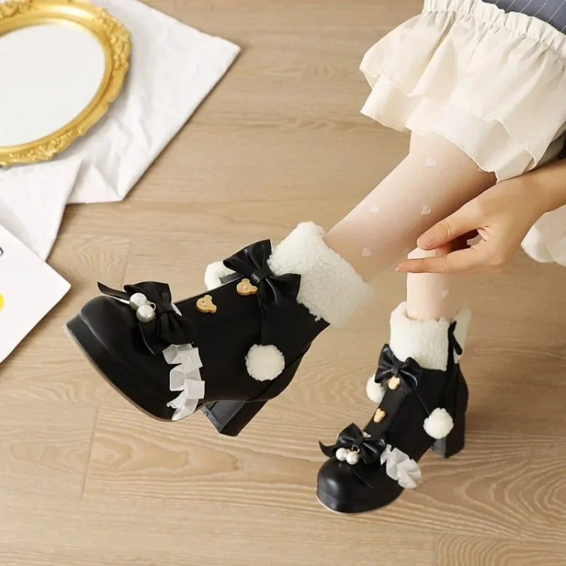 31-48 Pink Lolita Lovely Bow Knot Pompom Warm Faux Fur Boot