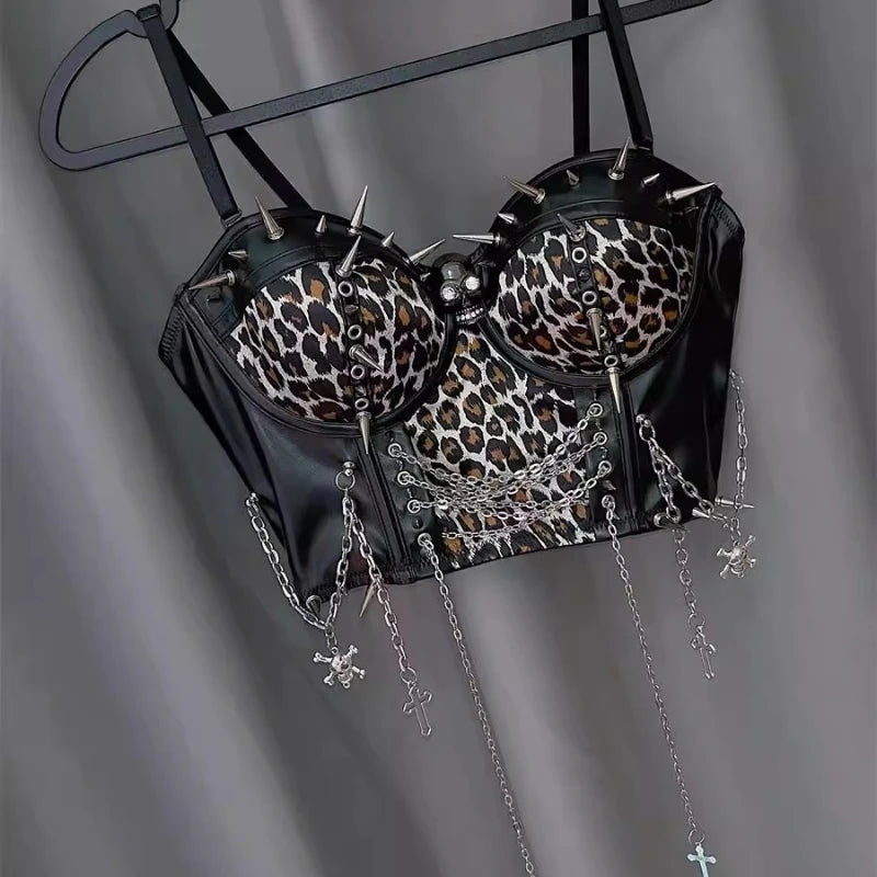 Y2K Punk Sling Leopard Print Metal Chain Vest