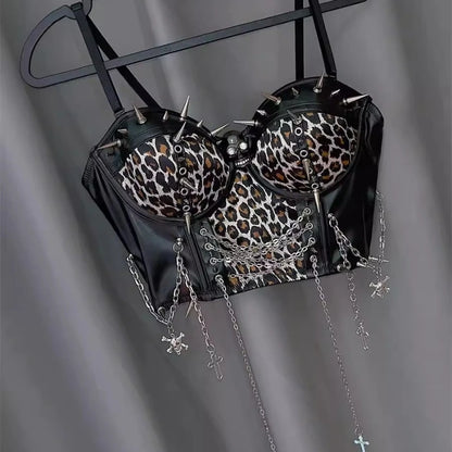 Y2K Punk Sling Leopard Print Metal Chain Vest