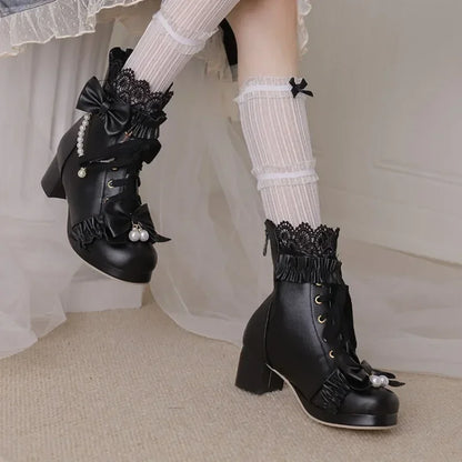 31-48 Pink String Bead Lace Pleated Bowknot Boots Shoes