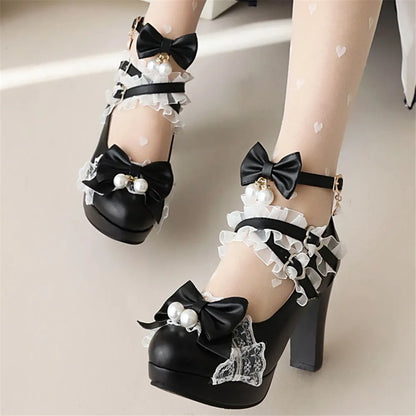 Lolita Pearl Bow Lace Round Head Heels Shoes - 33-43