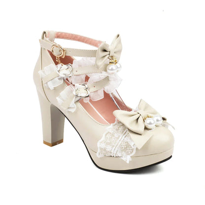 Lolita Pearl Bow Lace Round Head Heels Shoes - 33-43