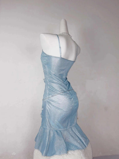 Blue Showa Princess Sexy Butt Wrapped Fish Tail Sparkling Small Dress
