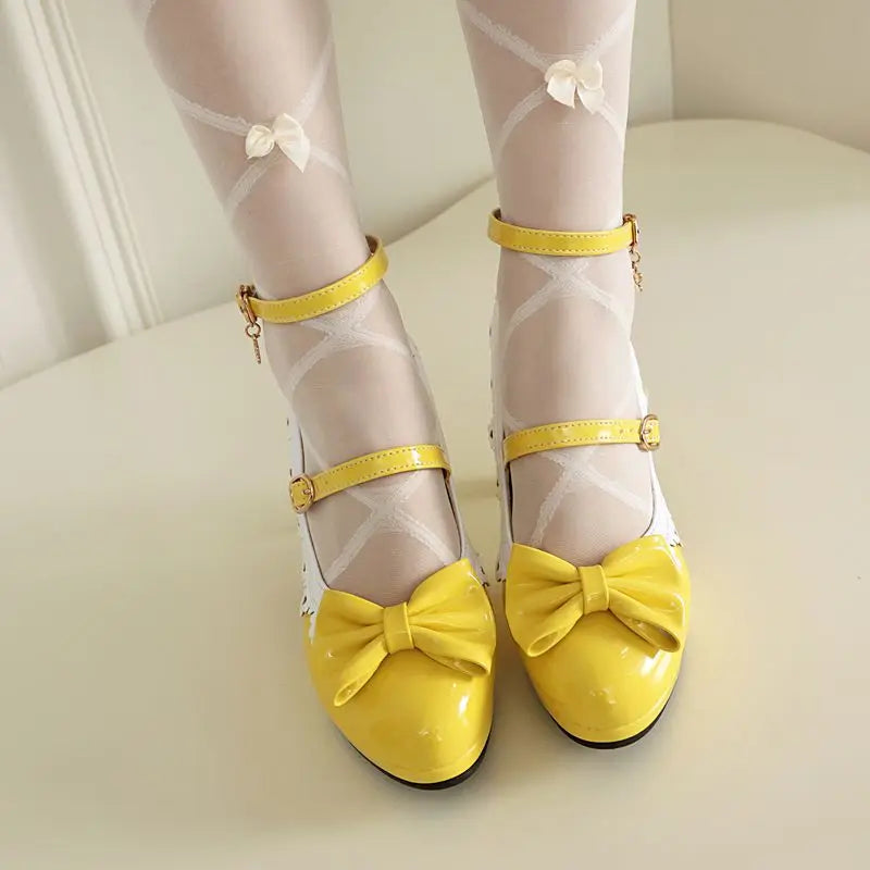 34-50 Pumps Round Toe Double Buckle Strap Bowknot Miexed Color Shoes