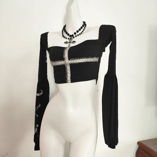 Dark Black Long Sleeve Pin Goth Punk Tube Top
