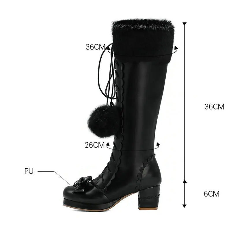 Lolita Warm Fur Bowtie Leather High Boots - 33-45