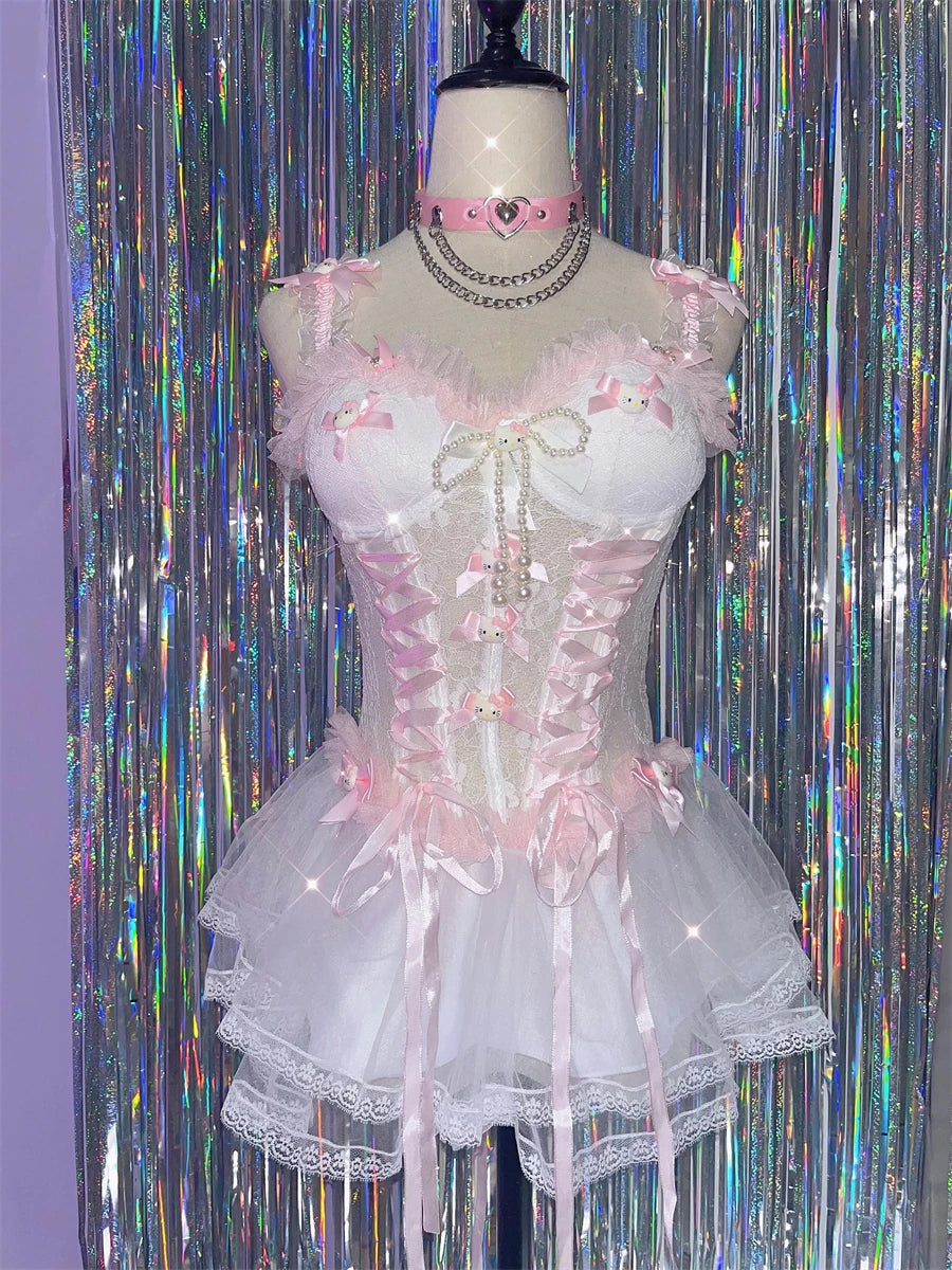 Sweet Pink Lace Trim Off Vest Cake Dress