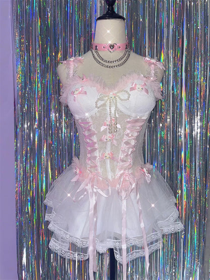 Sweet Pink Lace Trim Off Vest Cake Dress