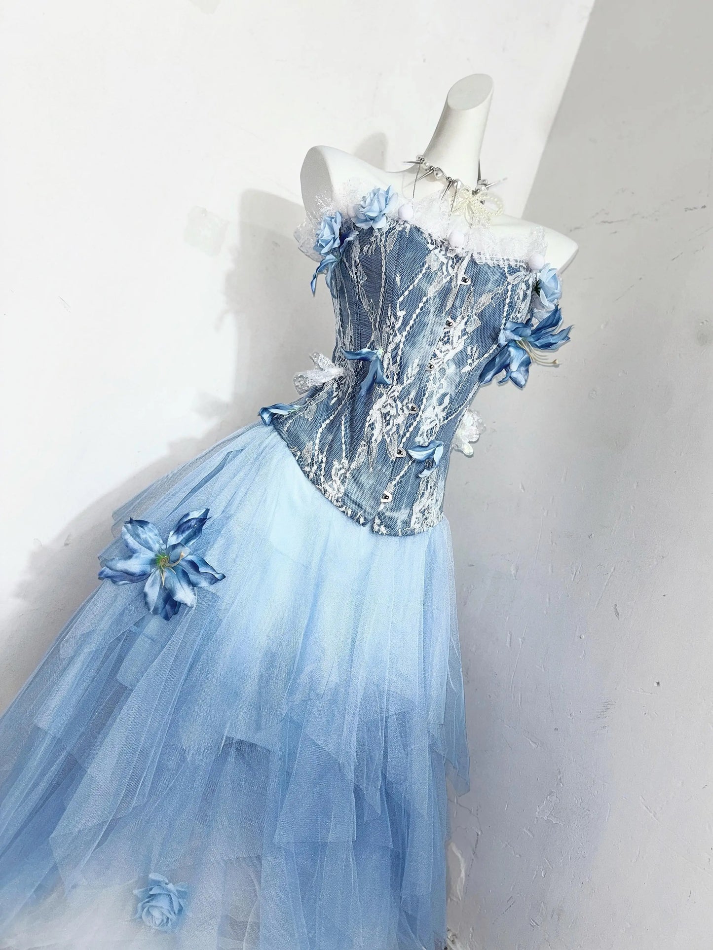 Blue Fairycore Butterfly Florals Patch Fishbone Ball Gown Mesh Gothic Dresses