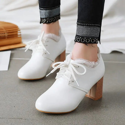 32-46 Sweet Round Toe Chunky Heel Lace-Up Soft Lolita Boots