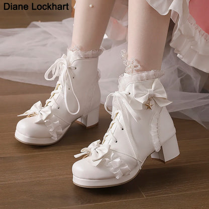 33-46 Sweet Bow Square Platform Elegant Ruffles String Lolita Shoes
