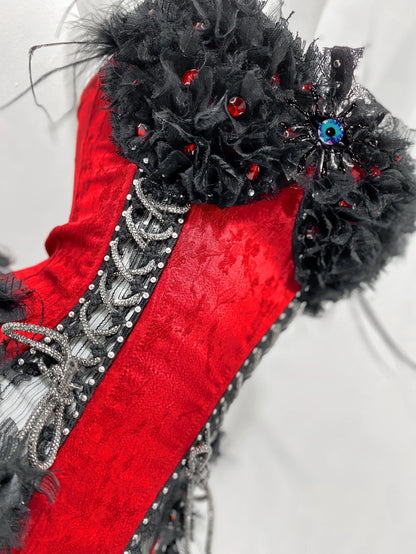 Red and Black Goth Strap Drawstring Fishbone Bra Birdcage Corset Top Trailing Skirt