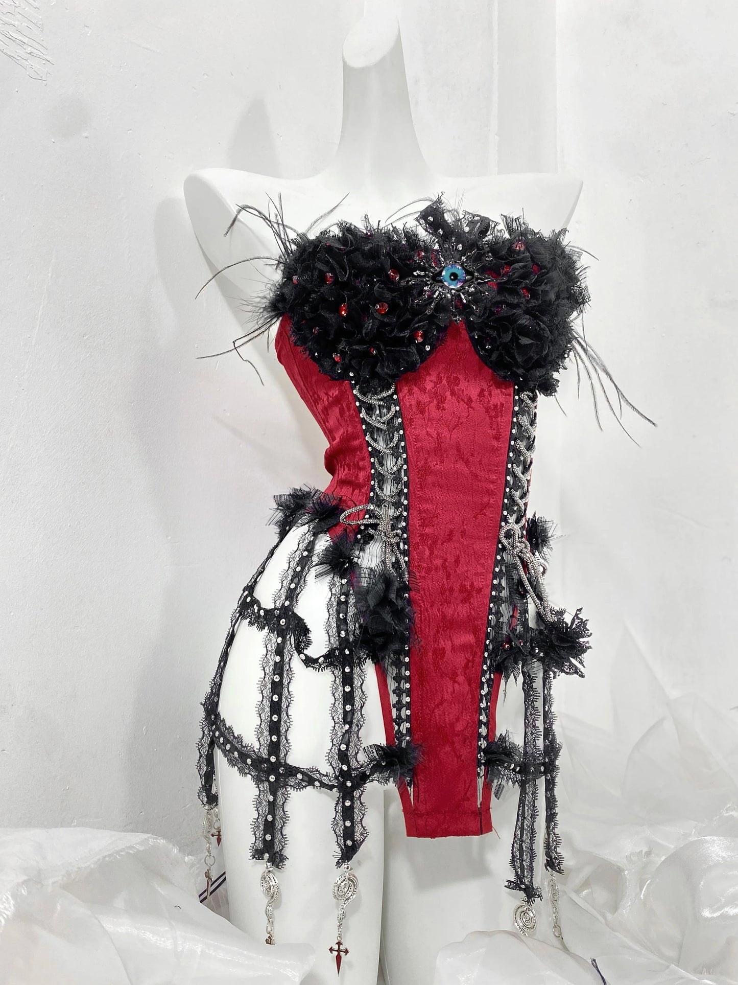 Red and Black Goth Strap Drawstring Fishbone Bra Birdcage Corset Top Trailing Skirt