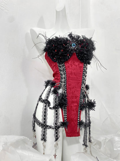 Red and Black Goth Strap Drawstring Fishbone Bra Birdcage Corset Top Trailing Skirt