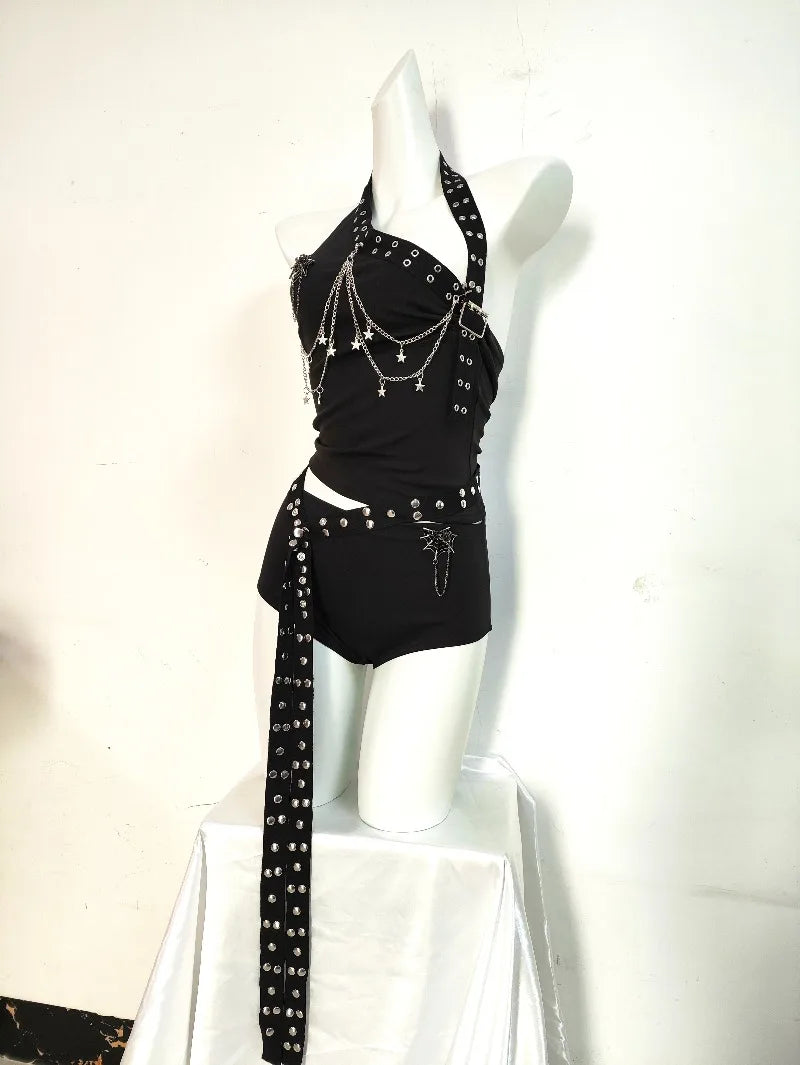 Gothic Punk Double-Sided Rivet Long Belt Outfit