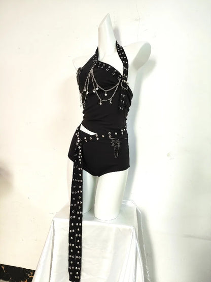 Gothic Punk Double-Sided Rivet Long Belt Outfit