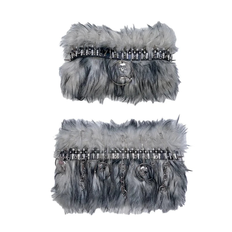 Y2K Millennial Bullet Metal Fur Imitation Fur Subculture Punk Hip Skirt Suit