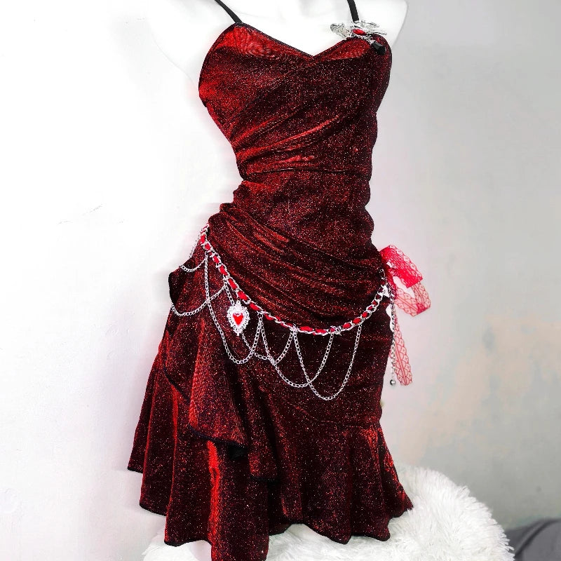 Dark Red V-Neck Mermaid Retro Irregular Slimming Dresses