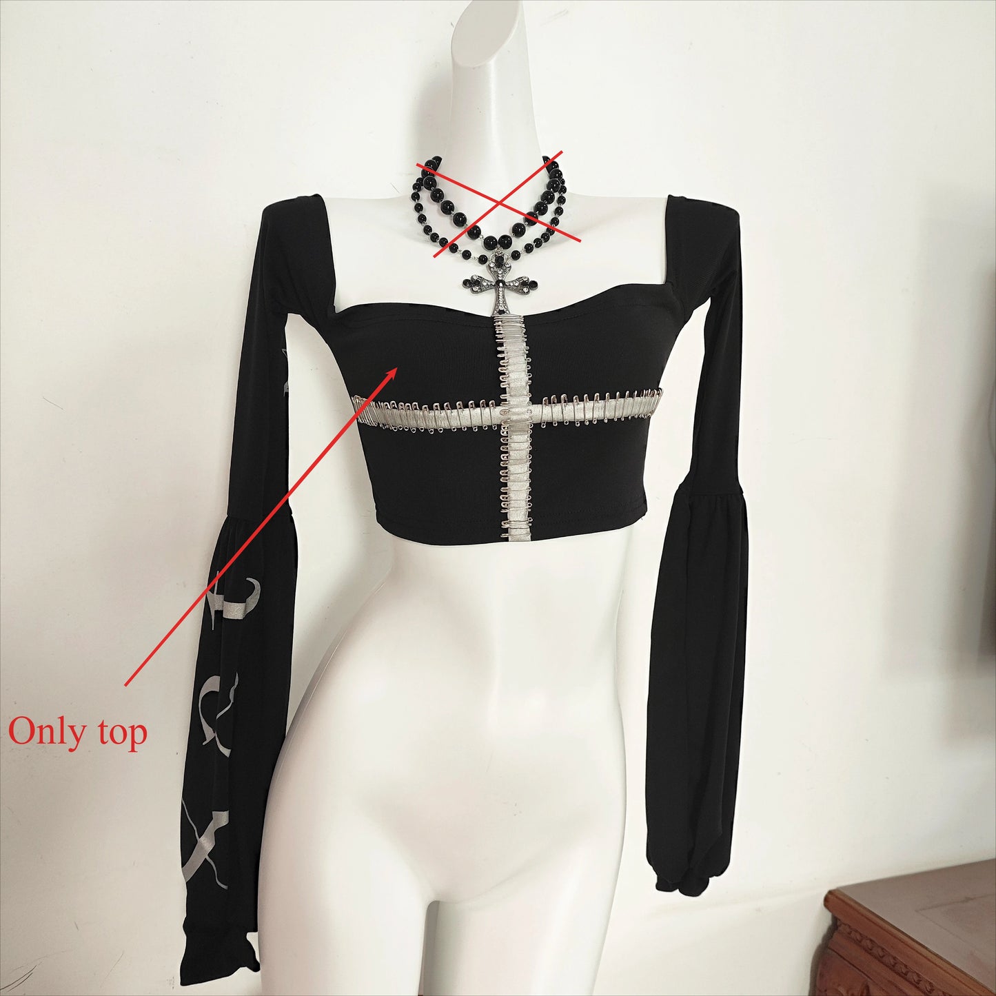 Dark Black Long Sleeve Pin Goth Punk Tube Top