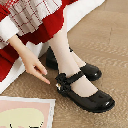 30-44 Sweet Pearl Bow Flat Heel Black Lolita Mary Jane Shoes