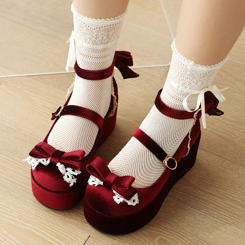 Frosted Flock Lace Bow Lolita Sponge Cake Heels Shoes - 34-45