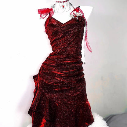 Dark Red V-Neck Mermaid Retro Irregular Slimming Dresses