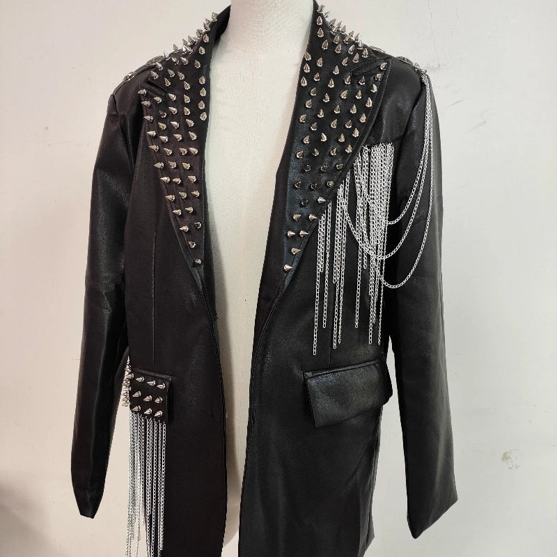 Dark Rock Punk Rivet Chain PU Coat