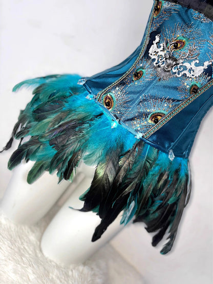 Blue-green Peacock Gothic Dark Lace-up Drawstring Dress