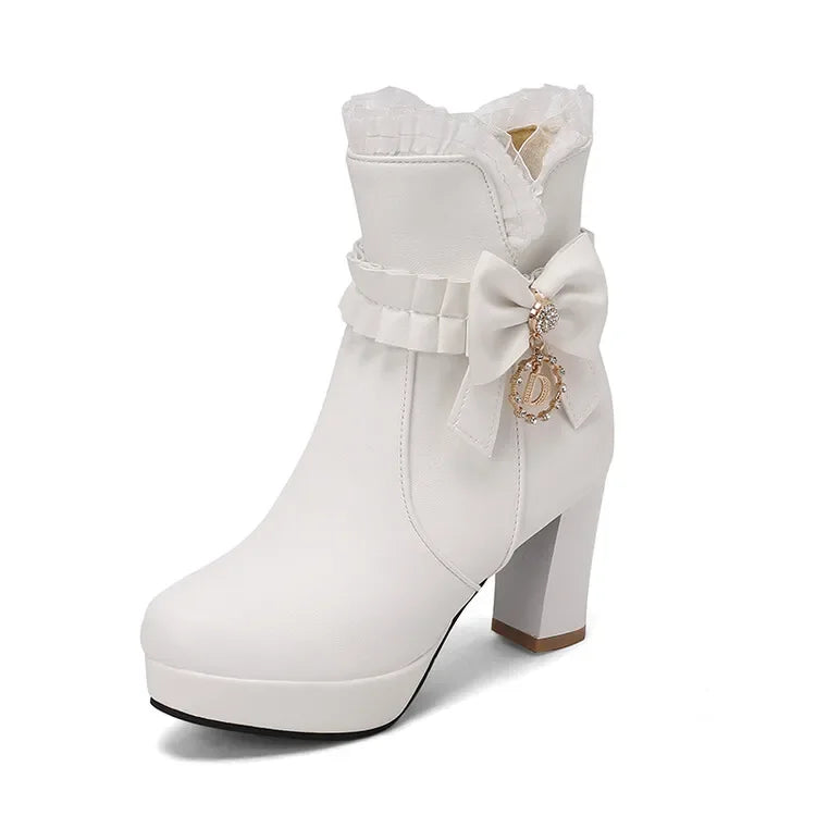 31-43 Cute Sweet Bow Knot Lolita Boots Pink Ruffles Boots