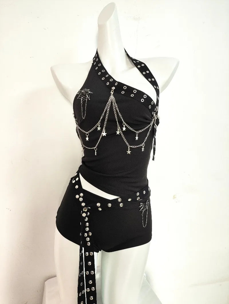 Gothic Punk Double-Sided Rivet Long Belt Outfit