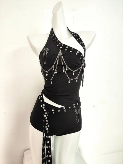 Gothic Punk Double-Sided Rivet Long Belt Outfit