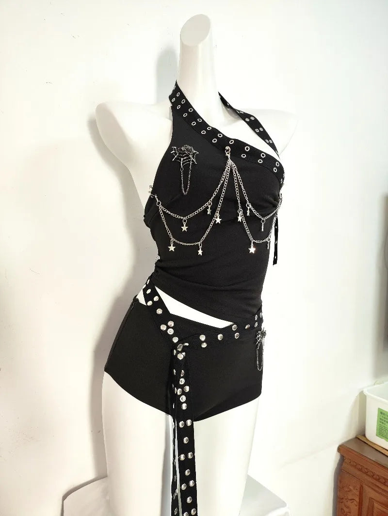 Gothic Punk Double-Sided Rivet Long Belt Outfit