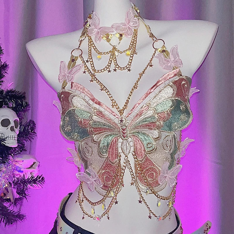 Embroidered Butterfly Metal Chain Vest
