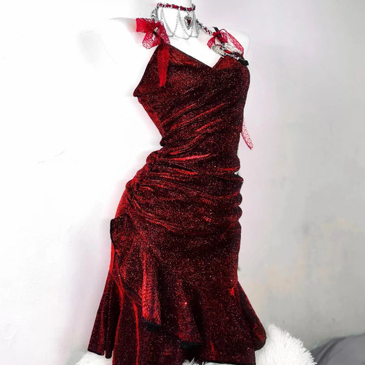 Dark Red V-Neck Mermaid Retro Irregular Slimming Dresses