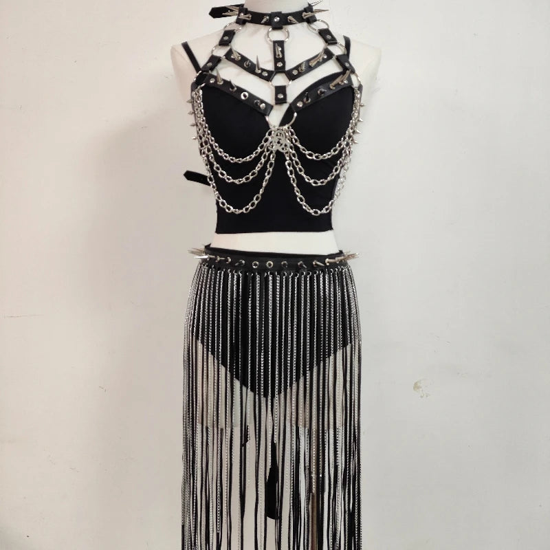 Punk Rivet Chain Corset Leather Vest Gothic Dark Tassel Skirt